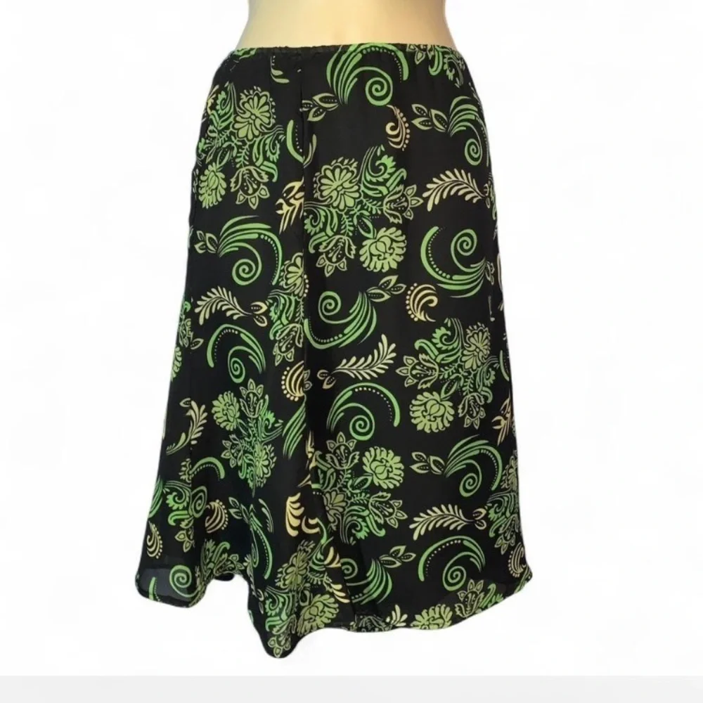 Floral Green dark brown floral scroll knee length fit flare Skirt size 10 Y2K